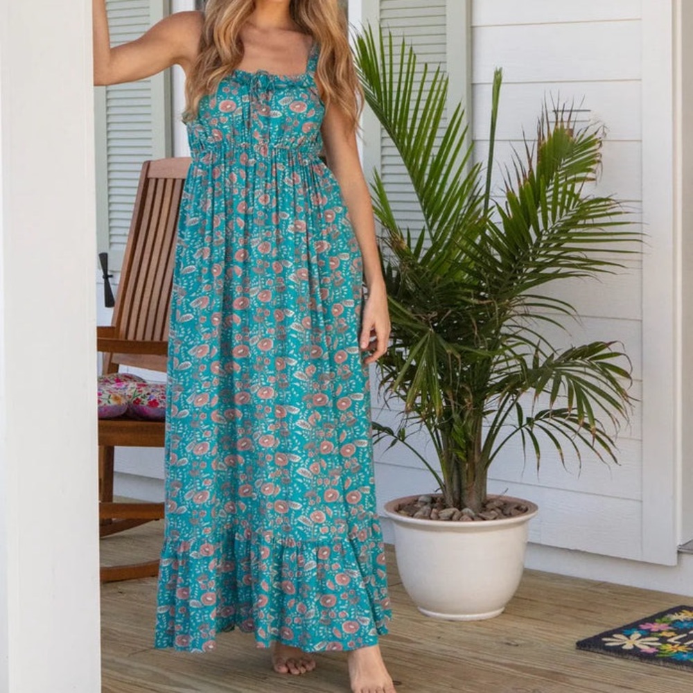 Natural Life Elizabeth Teal Blue Pink Floral Sleeveless Maxi Dress Cottagecore